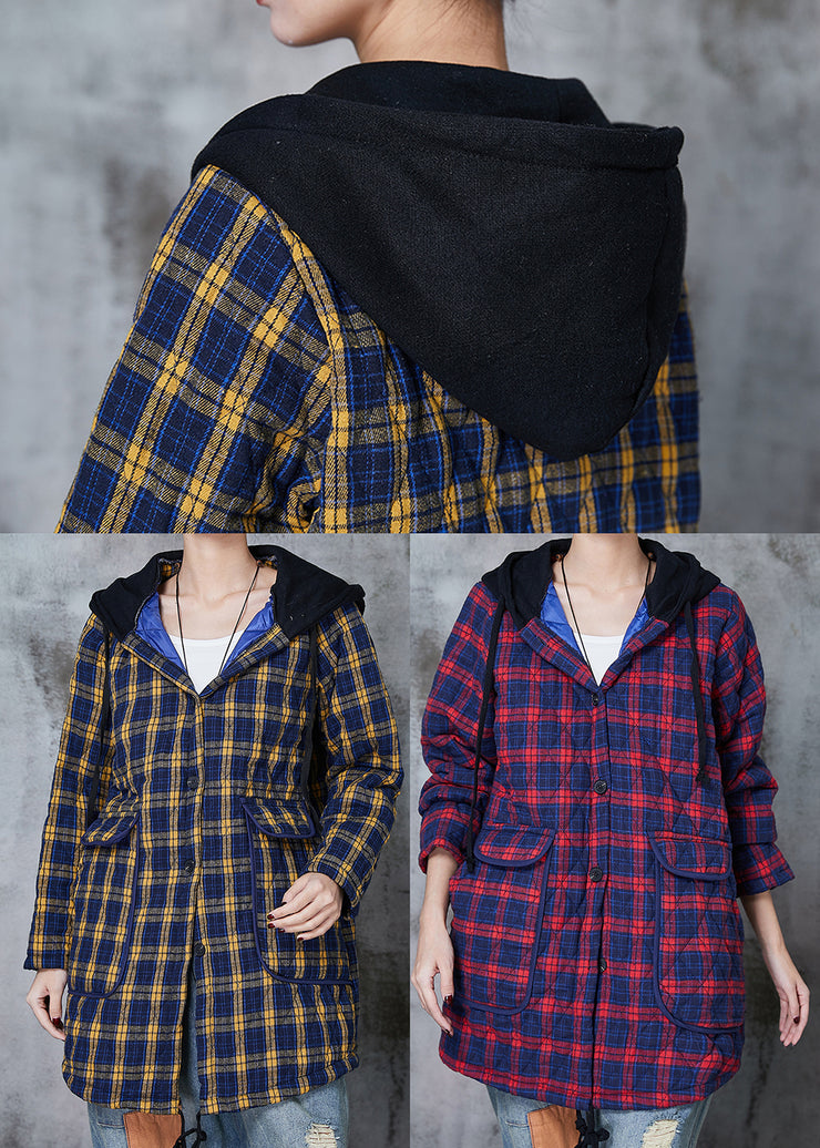 Red Plaid Fine Cotton Filled Coat Hooded Pockets Spring