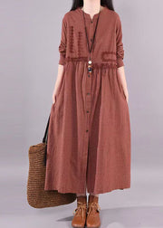 Red Plaid Patchwork Cotton Long Dress O Neck Stand Collar Fall