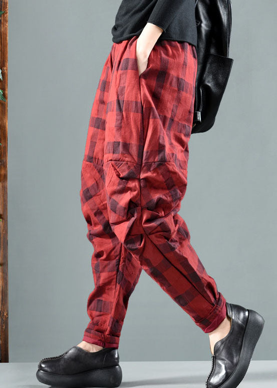 Red Plaid Patchwork Fine Cotton Filled Pants Winter