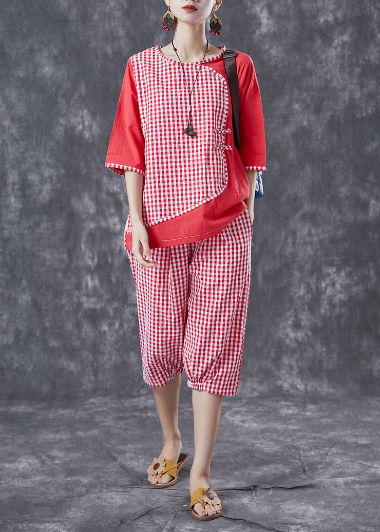 Red Plaid Patchwork Linen Two-Piece Set Chinese Button Summer