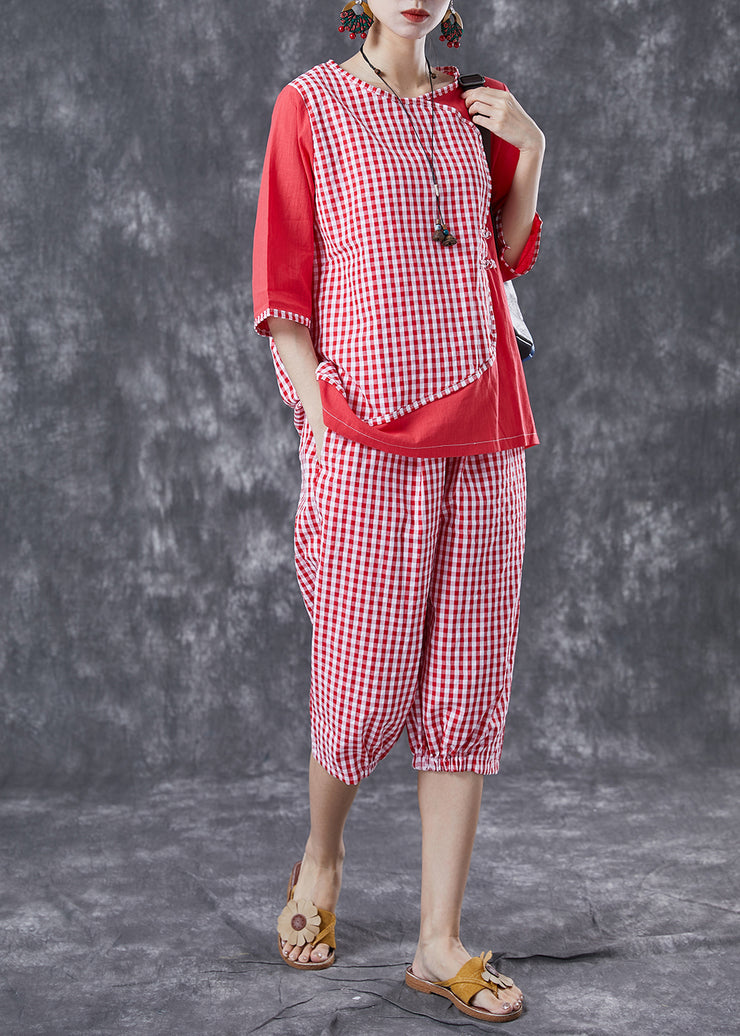 Red Plaid Patchwork Linen Two-Piece Set Chinese Button Summer