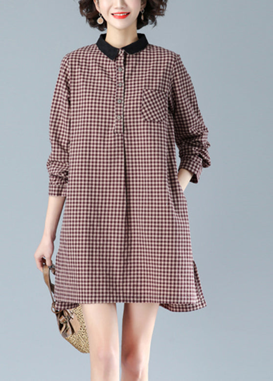 Red Plaid Peter Pan Collar Button Cotton Mid Dress Fall