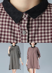 Red Plaid Peter Pan Collar Button Cotton Mid Dress Fall