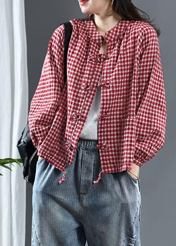 Red Plaid Tie Waist Patchwork Fall Trench Long Sleeve - SooLinen