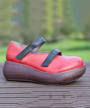 Red Platform Cowhide Leather Casual Splicing Buckle Strap