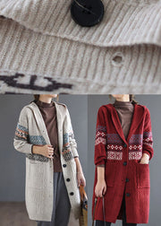 Red Pocket Print Knitted Coats Cardigans Hooded Long sleeve