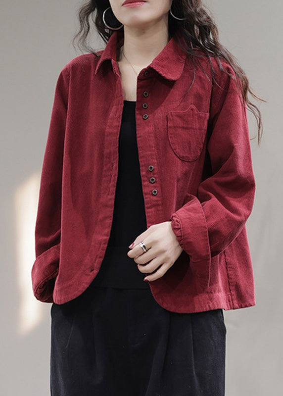 Red Pockets Button Solid Corduroy Coat Spring