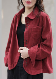Red Pockets Button Solid Corduroy Coat Spring