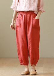 Red Pockets Cotton Crop Pants High Waist Summer