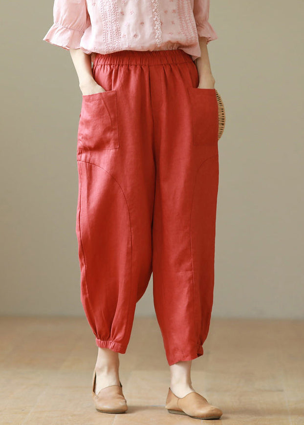 Red Pockets Cotton Crop Pants High Waist Summer