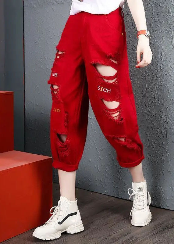 Red Pockets Cotton Crop Pants Letter Embroidered Hole Summer