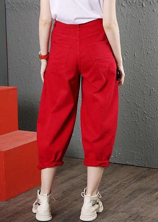 Red Pockets Cotton Crop Pants Letter Embroidered Hole Summer