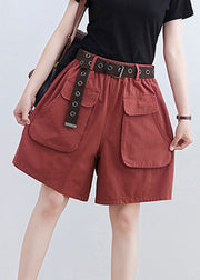 Red Pockets Elastic Waist Wide Leg Shorts