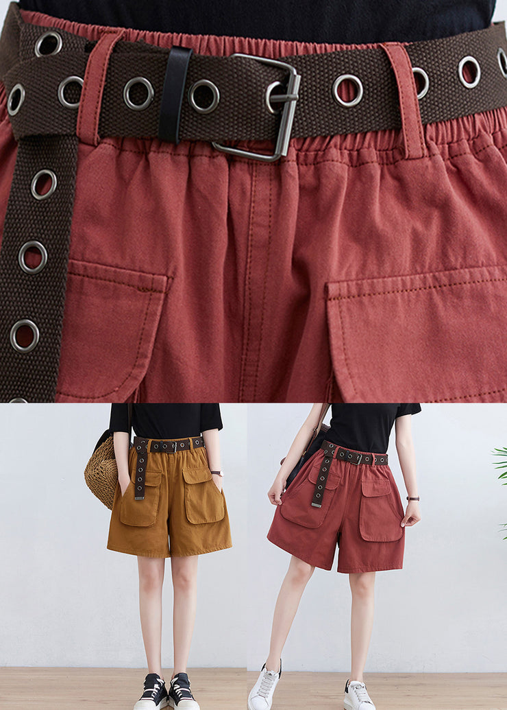 Red Pockets Elastic Waist Wide Leg Shorts