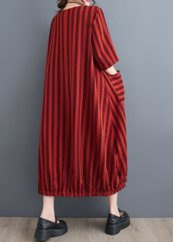 Red Pockets Patchwork Cotton Dresses O Neck Striped Summer