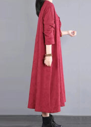 Red Pockets Patchwork Cotton Long Dress V Neck Lace Hollow Out Fall