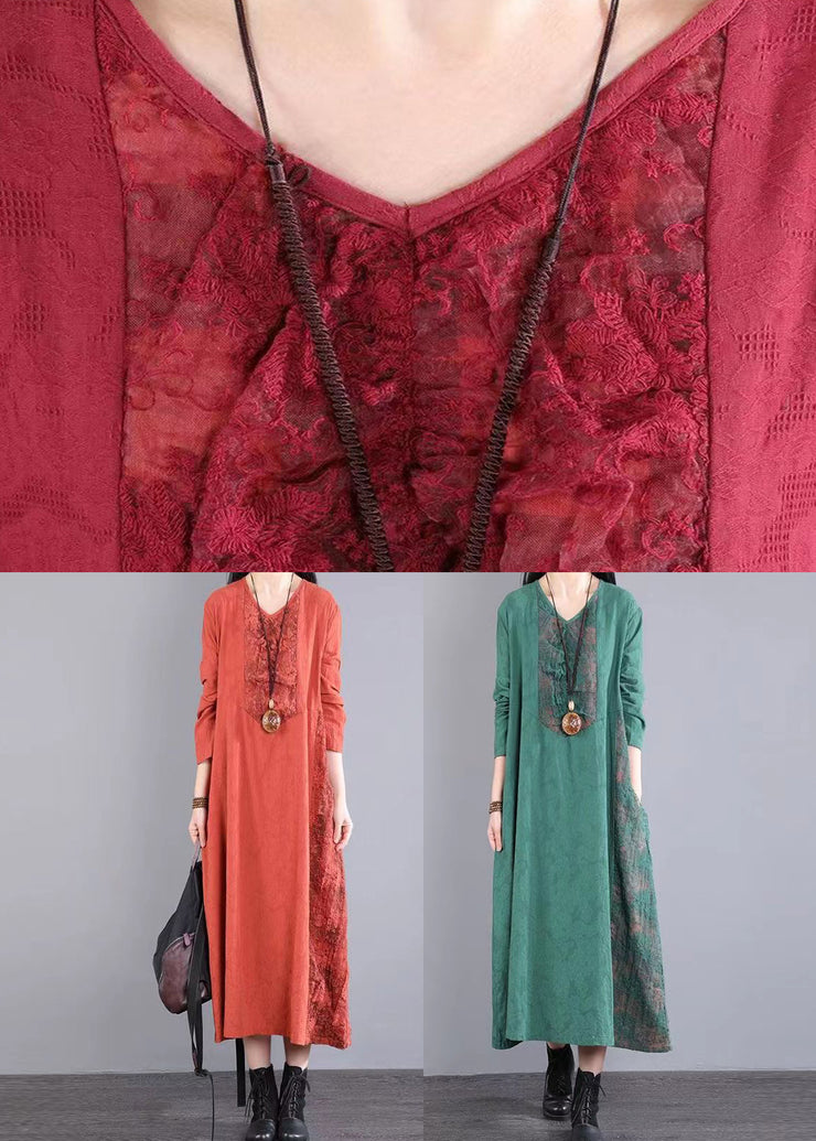 Red Pockets Patchwork Cotton Long Dress V Neck Lace Hollow Out Fall