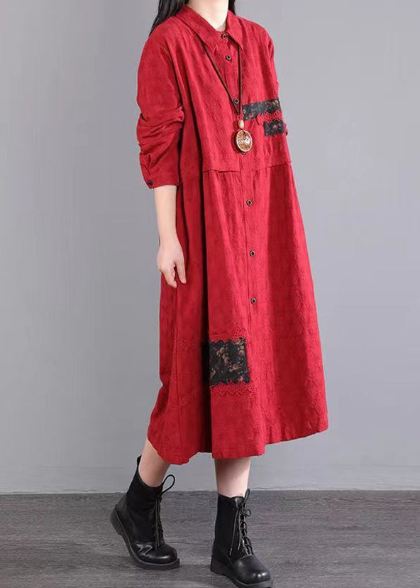 Red Pockets Patchwork Cotton Shirts Dresses Peter Pan Collar Fall