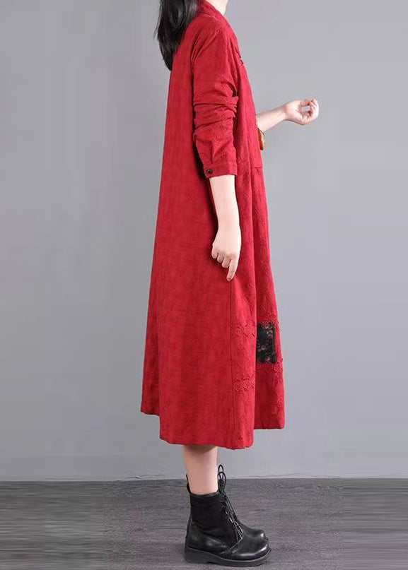 Red Pockets Patchwork Cotton Shirts Dresses Peter Pan Collar Fall