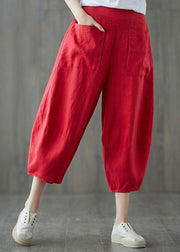 Red Pockets Patchwork Linen Crop Pants Elastic Waist Summer