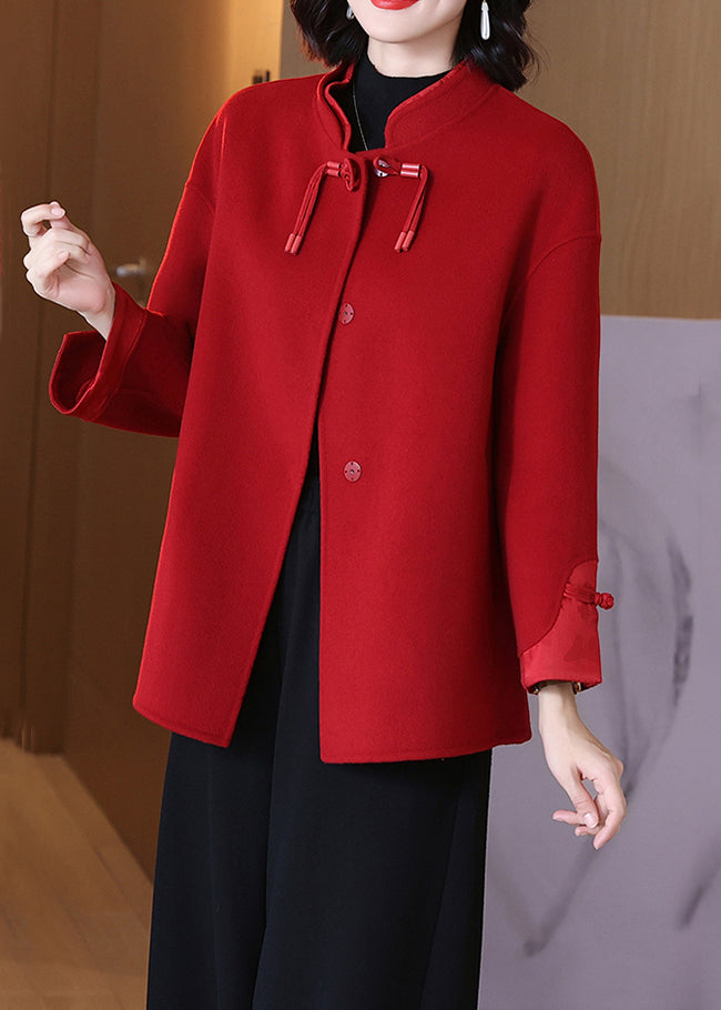 Red Pockets Patchwork Wool Coat Stand Collar Spring