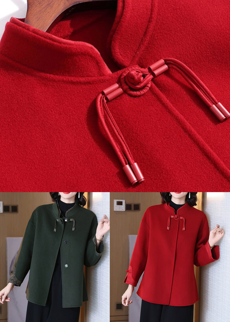 Red Pockets Patchwork Wool Coat Stand Collar Spring