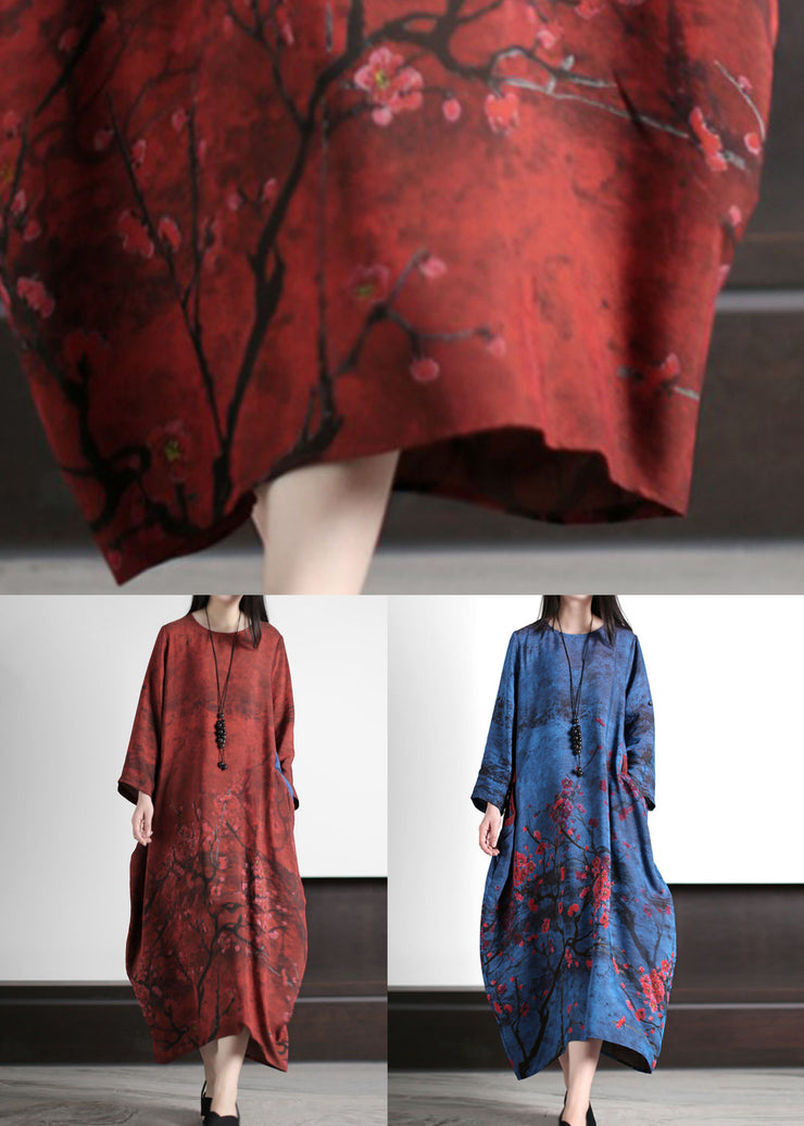 Red Pockets Print Patchwork Silk Long Dresses O Neck Summer