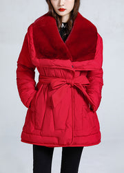 Red Pockets Tie Waist Stylish Duck Down Puffer Jacket Winter