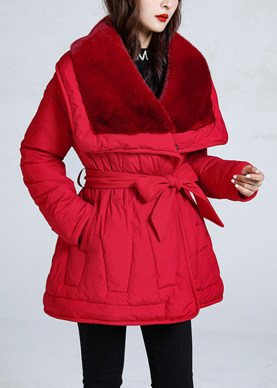 Red Pockets Tie Waist Stylish Duck Down Puffer Jacket Winter