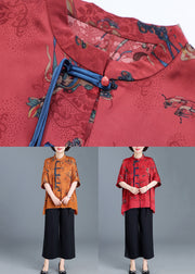Red Print Button Patchwork Silk Two Piece Set Stand Collar Summer