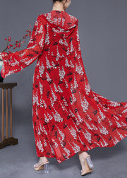 Red Print Chiffon Long Cardigan Hooded Tie Waist Summer