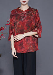 Red Print Chinese Style Silk Shirt Top Chinese Button Craquelure Summer