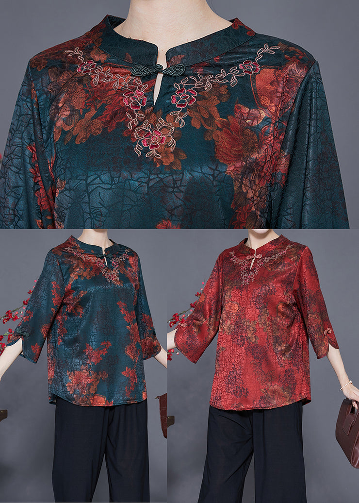 Red Print Chinese Style Silk Shirt Top Chinese Button Craquelure Summer