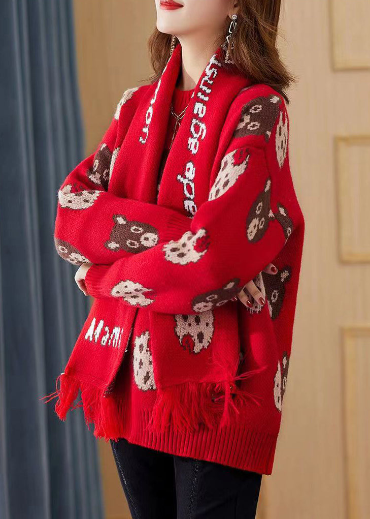 Red Print Chunky Knit Sweater Free Scarf Winter