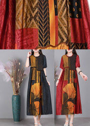 Red Print Cinched Silk Long Dress Short Sleeve