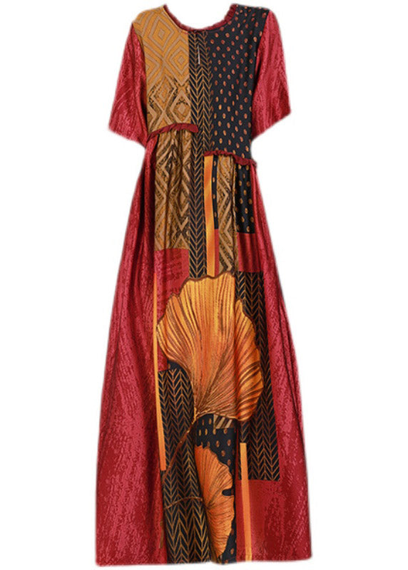 Red Print Cinched Silk Long Dress Short Sleeve
