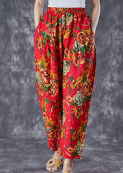 Red Print Cotton Harem Pants Oversized Elastic Waist Summer