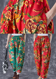 Red Print Cotton Harem Pants Oversized Elastic Waist Summer