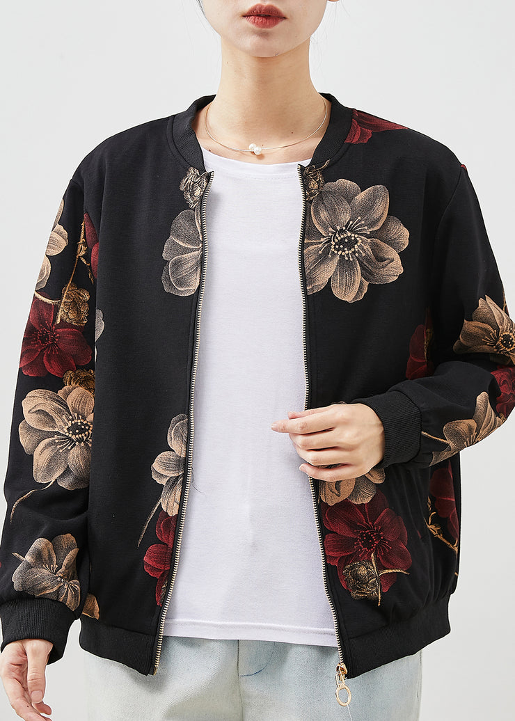 Red Print Cotton Jackets Oversized Pockets Spring