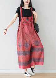 Red Print Cotton Jumpsuit Wide Leg Pants Oversized Spring