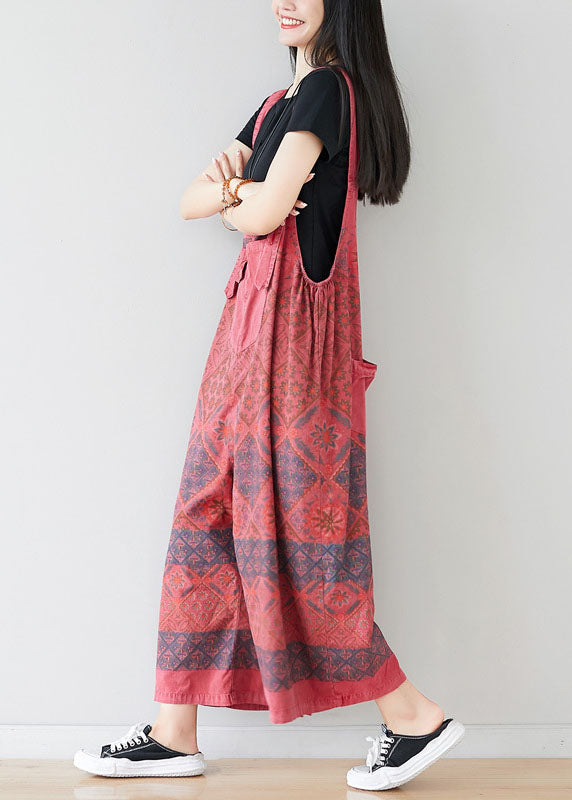 Red Print Cotton Jumpsuit Wide Leg Pants Oversized Spring