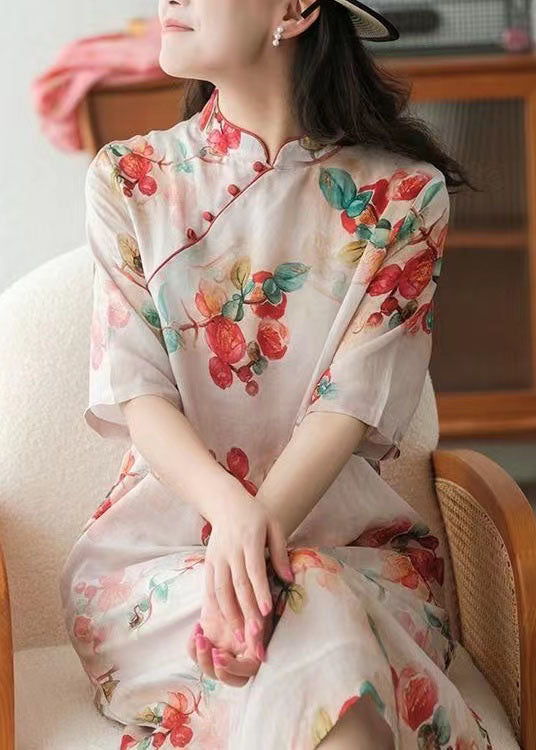 Red Print Cotton Long Dress Mandarin Collar Short Sleeve