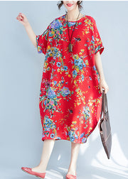 Red Print Cotton Long Dress Oversized Pockets Summer