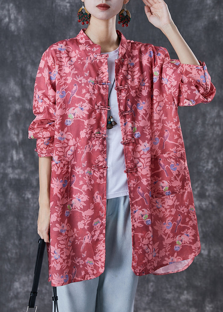 Red Print Cotton Shirt Tops Chinese Button Fall