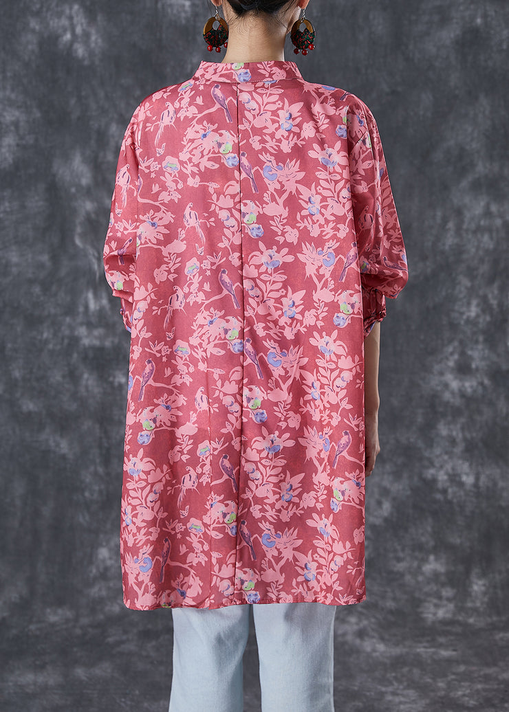 Red Print Cotton Shirt Tops Chinese Button Fall