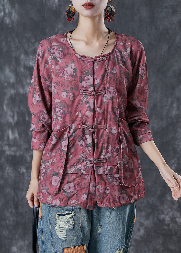 Red Print Cotton Shirt Tops Oversized Chinese Button Fall
