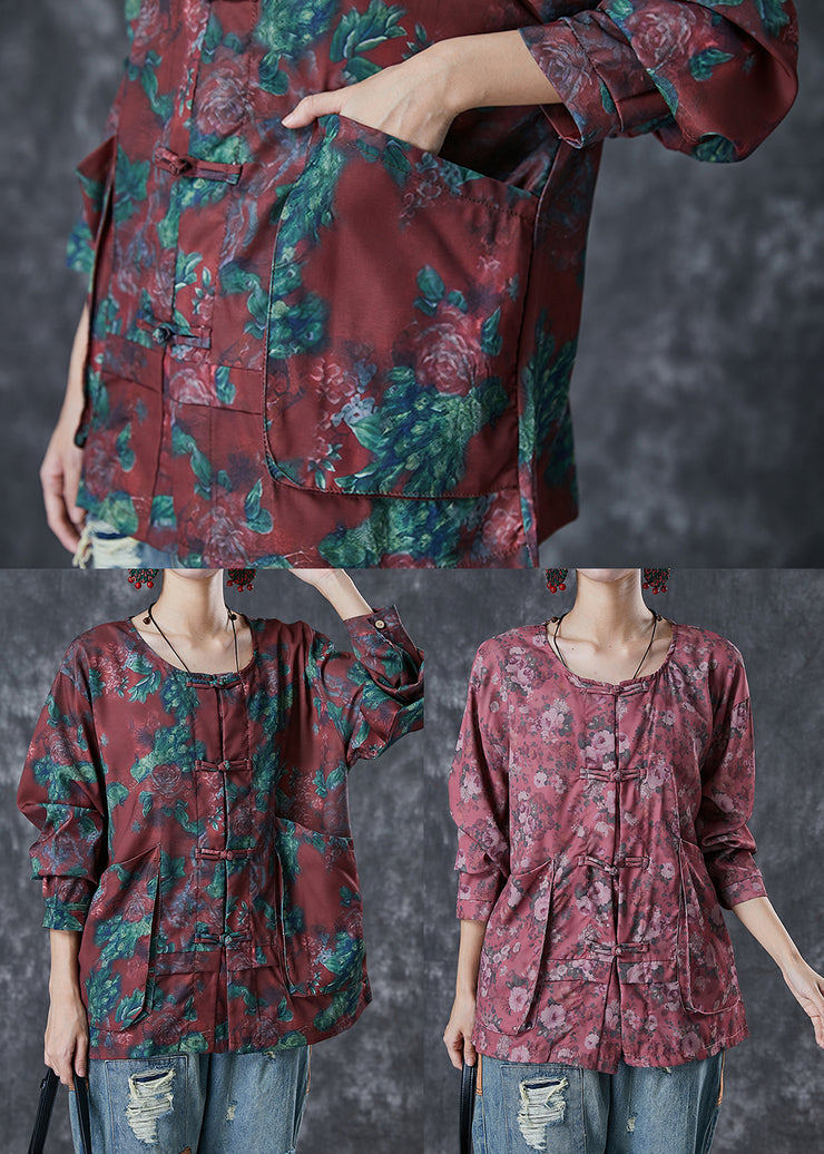 Red Print Cotton Shirt Tops Oversized Chinese Button Fall