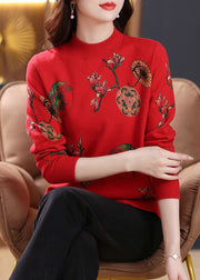 Red Print Cozy Wool Knit Top O-Neck Long Sleeve