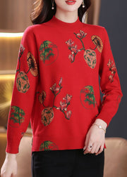 Red Print Cozy Wool Knit Top O-Neck Long Sleeve