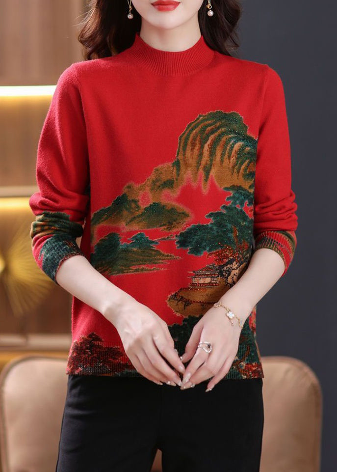 Red Print Cozy Wool Knit Tops O-Neck Long Sleeve